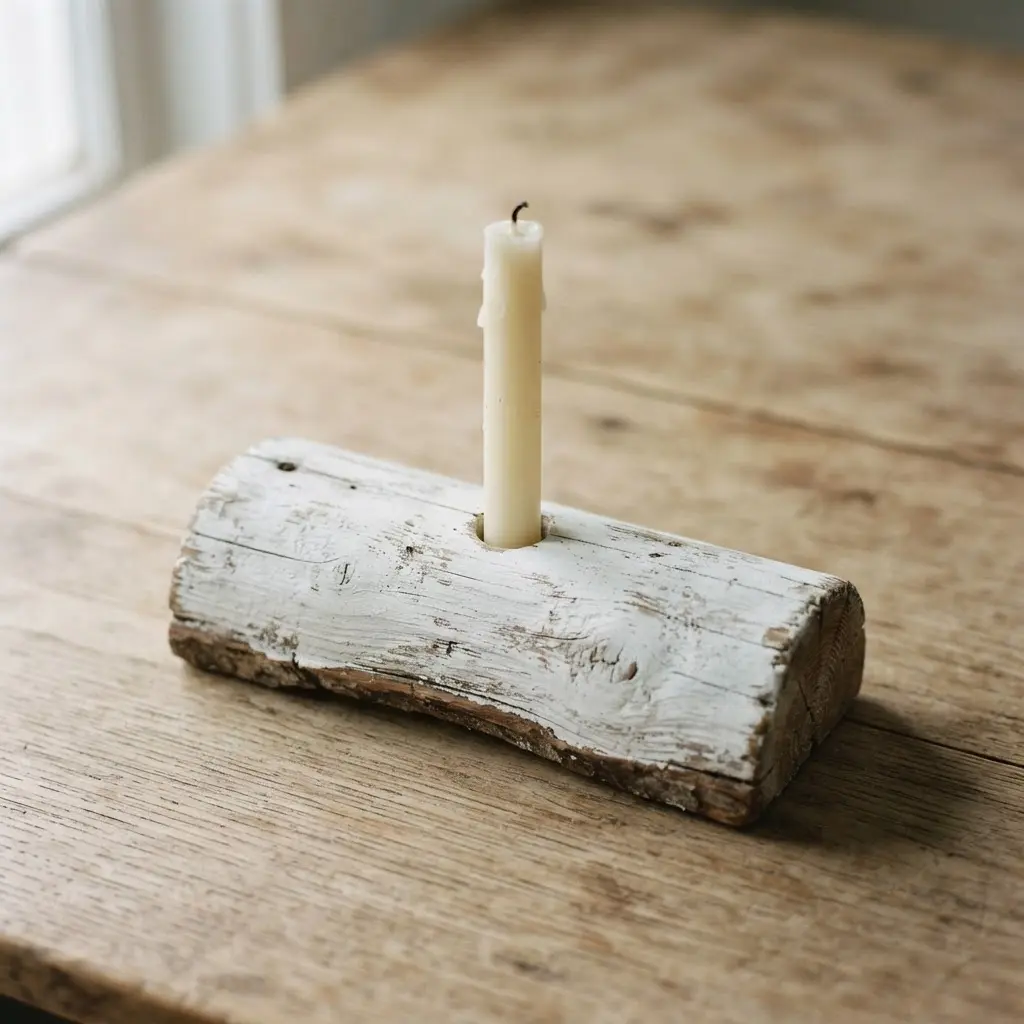 A pine branch with a distressed white painted finish and a candle hole, revealing hints of natural wood grain underneath.