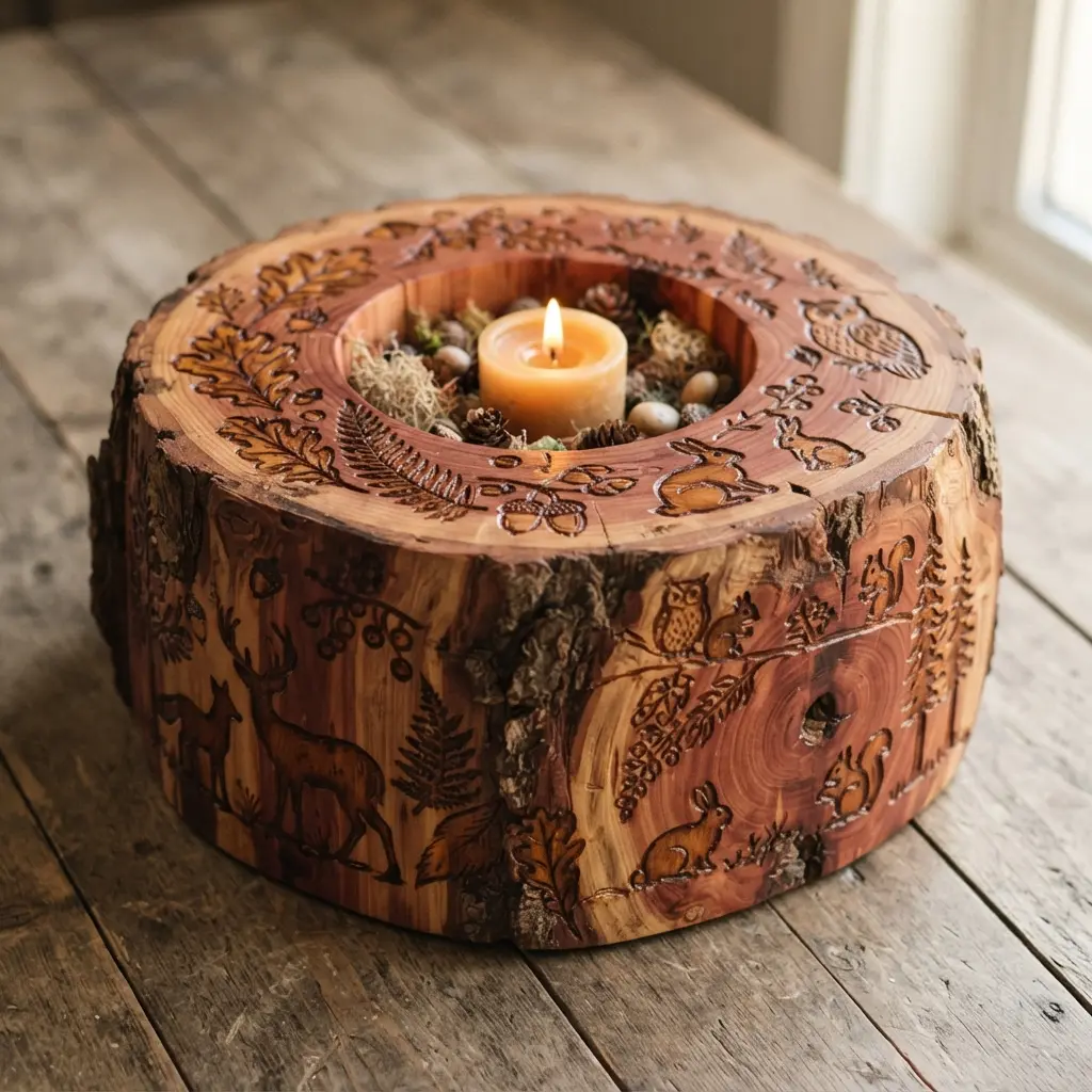 A wide cedar log centerpiece with a deep well for a candle and detailed engraved patterns of leaves and woodland creatures on its surface.
