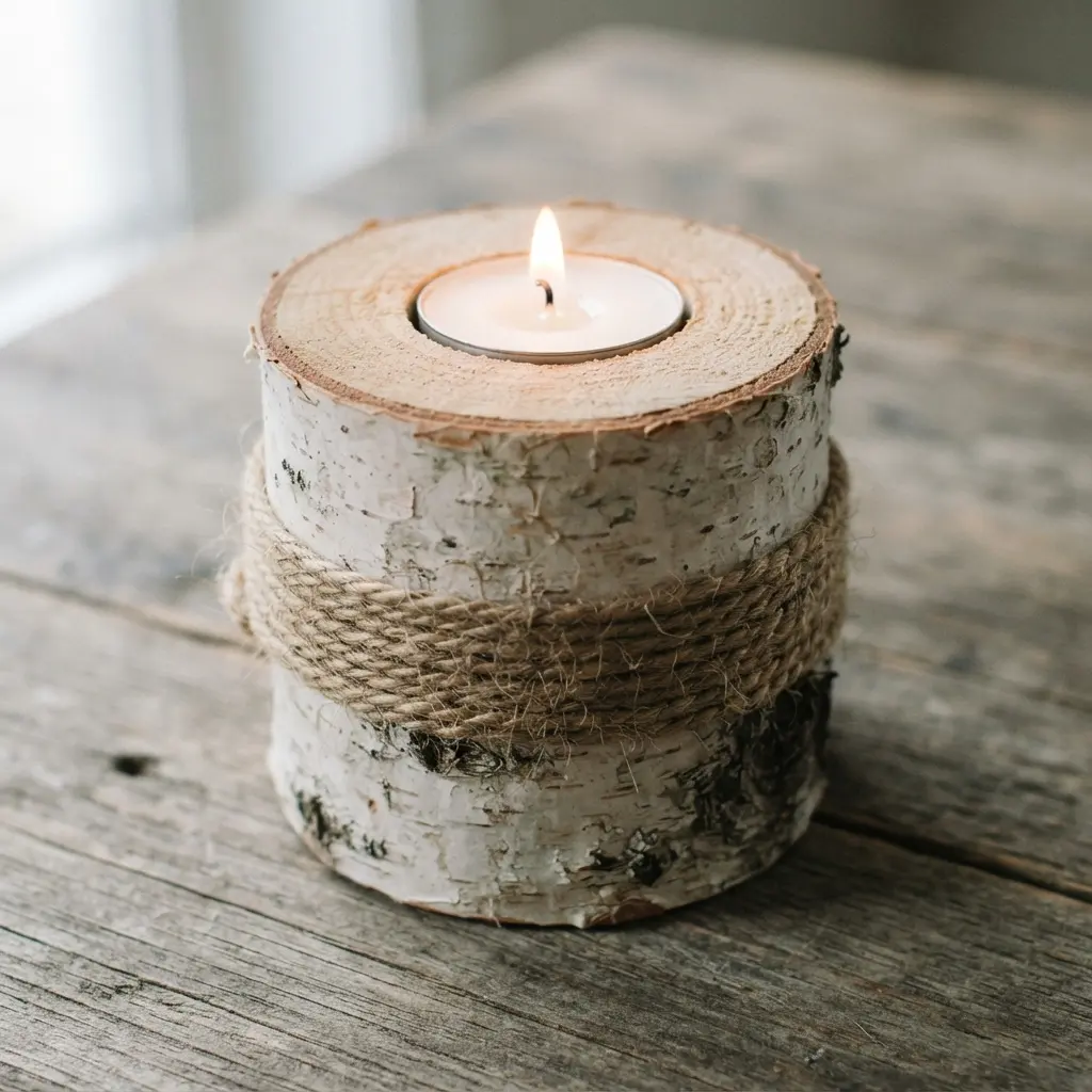 A short birch log with a single tea light hole, its bark secured and adorned with a wrap of rustic jute twine.