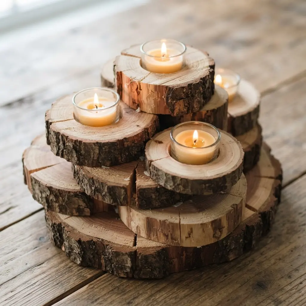Several cedar wood slices of varying sizes, stacked and glued together, each holding a small votive or tea light candle.