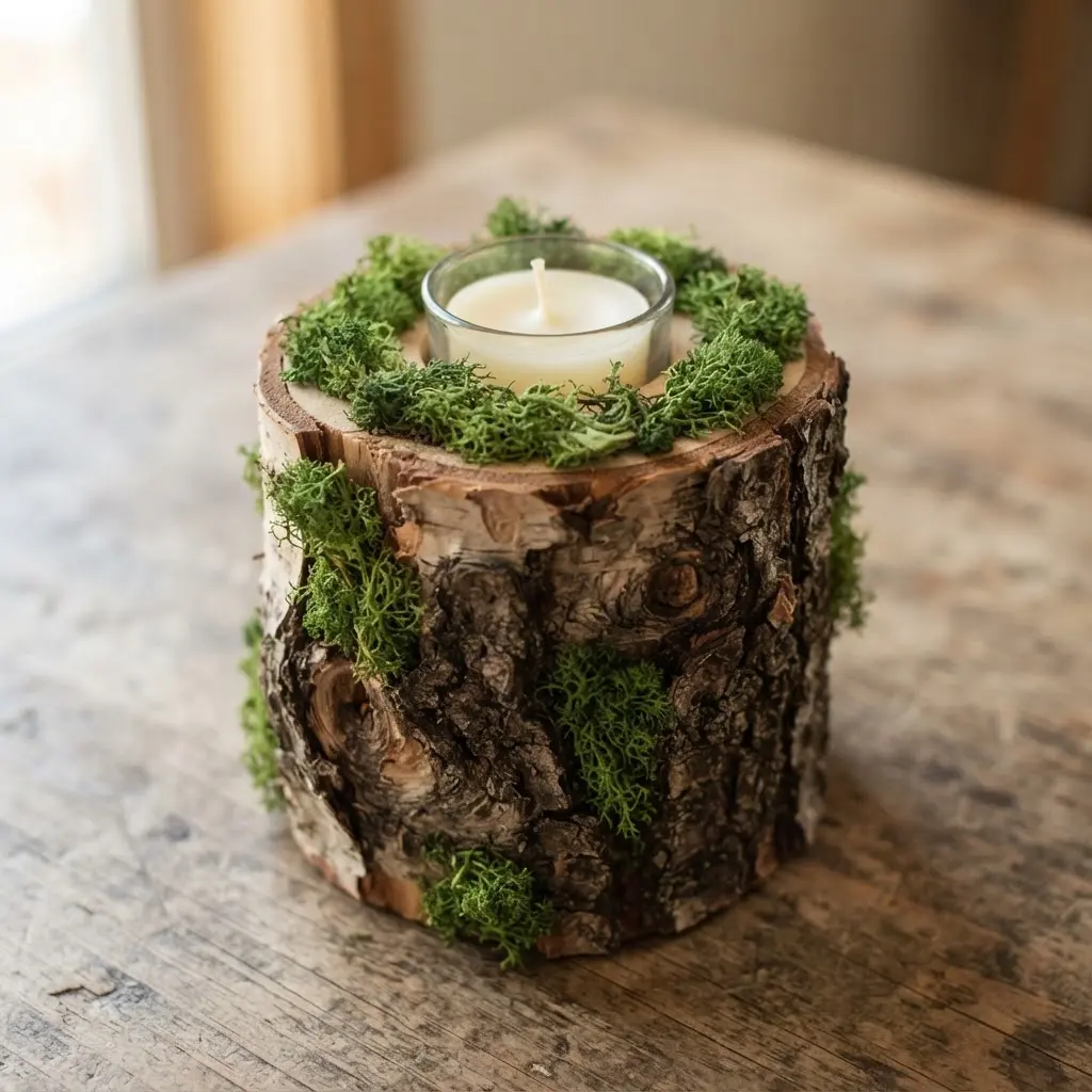 A rustic log with a votive candle, its base and crevices artfully filled with clumps of green preserved reindeer moss.
