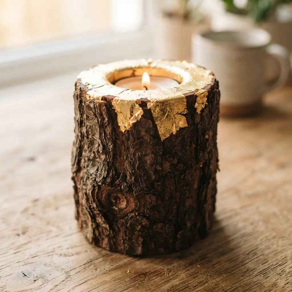 A log with deeply textured bark, featuring selective applications of shimmering gold leaf around the candle aperture and edges.