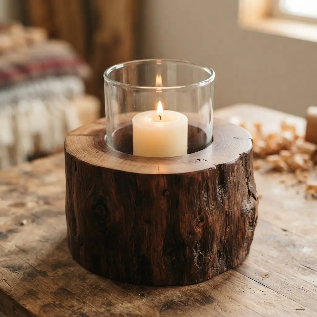 A cleanly cut hardwood log with a smooth interior hole holding a clear glass cylinder insert for a taper or votive candle.