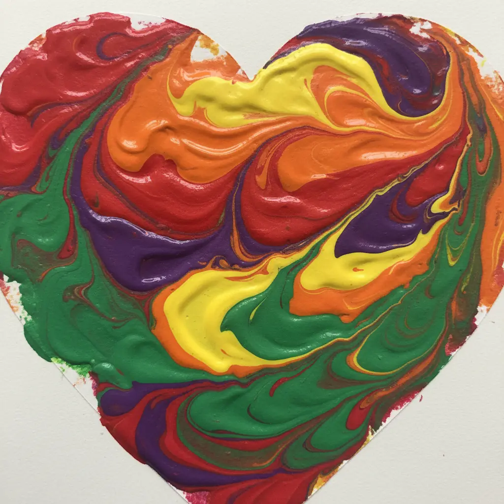 A rainbow swirl marble painting on a heart-shaped cardstock cutout with overlapping colorful tracks.