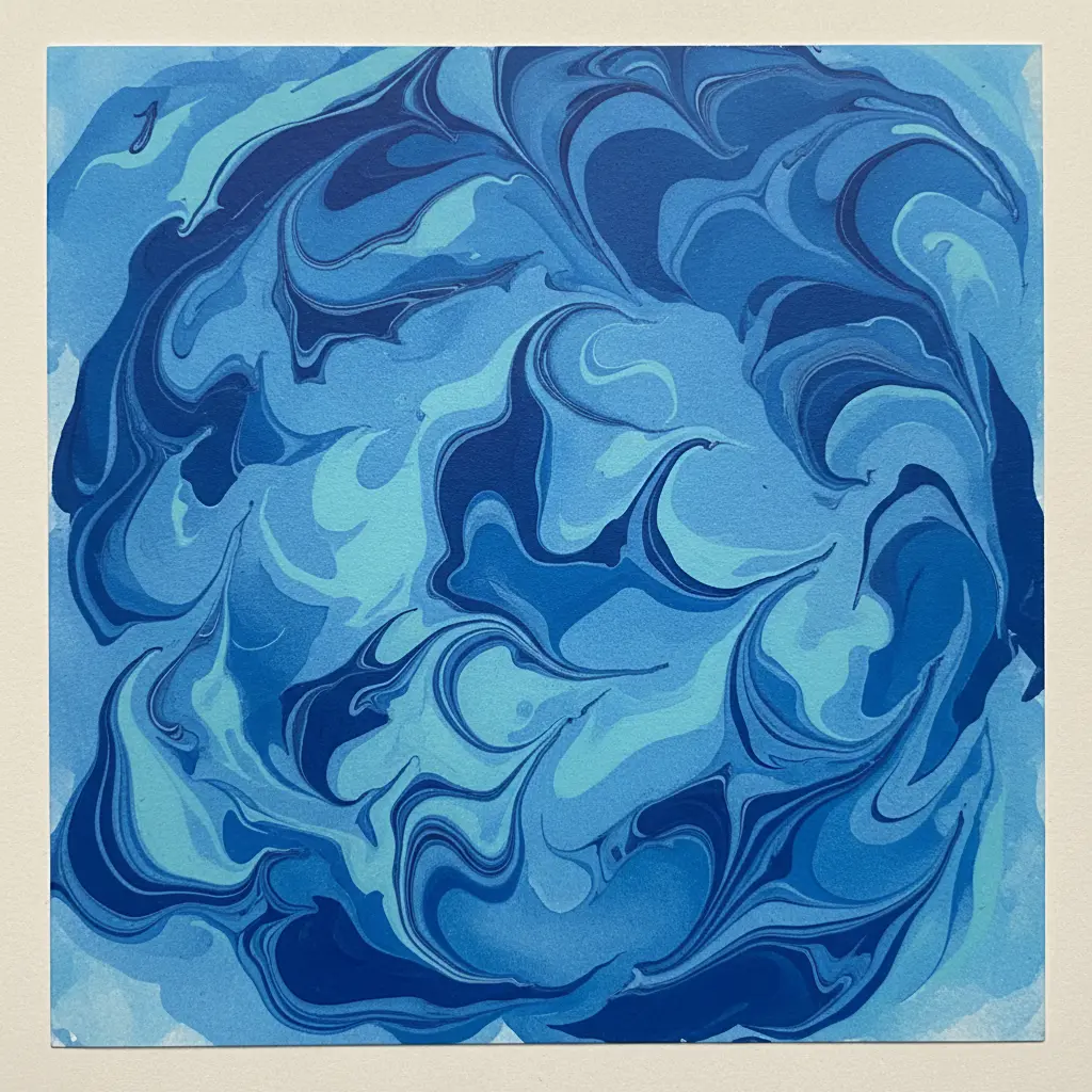 A square of cardstock covered in varying shades of blue marble paint trails creating a serene abstract pattern.