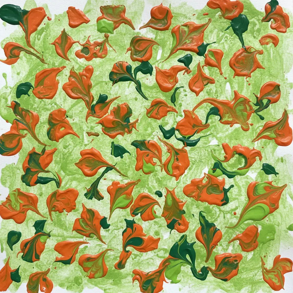 A paper sheet with orange and green paint swirls that interlock like stylized leaves and vines.
