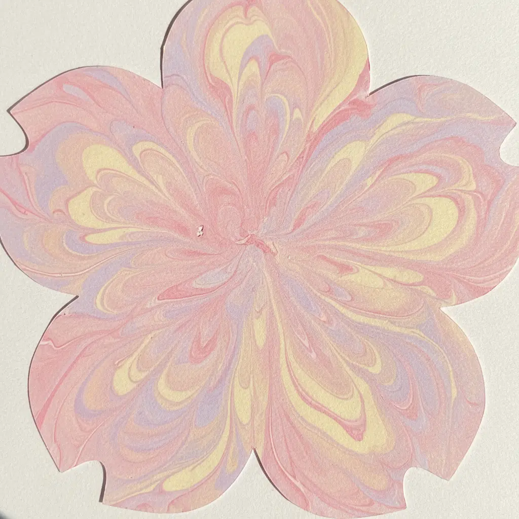 A flower-shaped paper cutout covered in soft pastel pink, yellow, and lavender marble paint trails.
