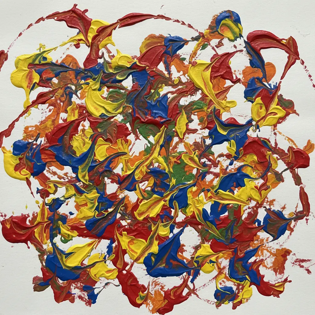 A white paper filled with thick red, blue, and yellow paint tracks crossing wildly in a dynamic marble painting.