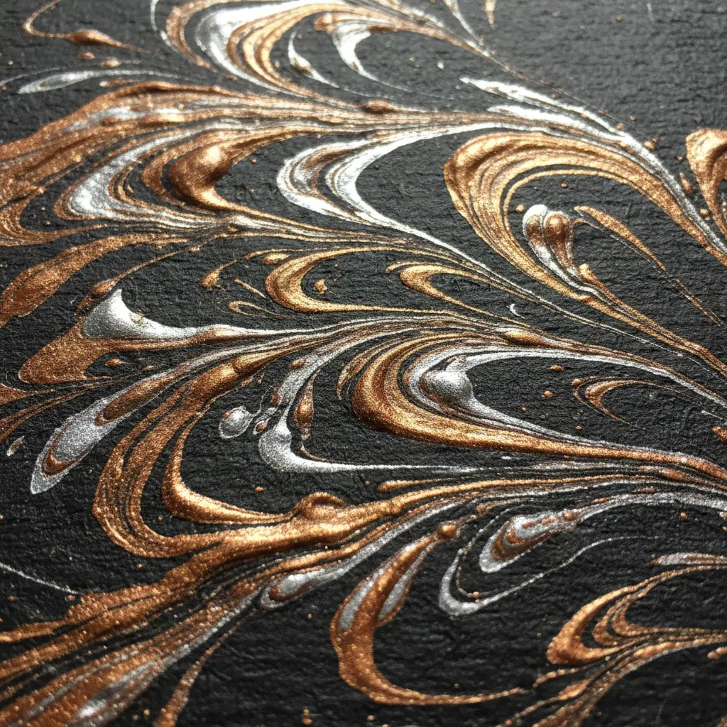 A black paper with silver, gold, and copper metallic paint trails that shimmer like a starry night sky.