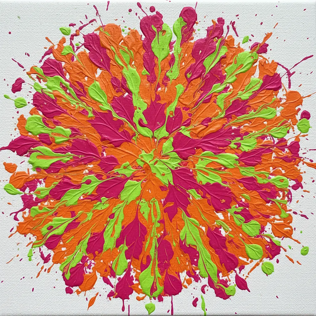 A white canvas with bright neon pink, green, and orange paint splatters and swirling marble tracks.