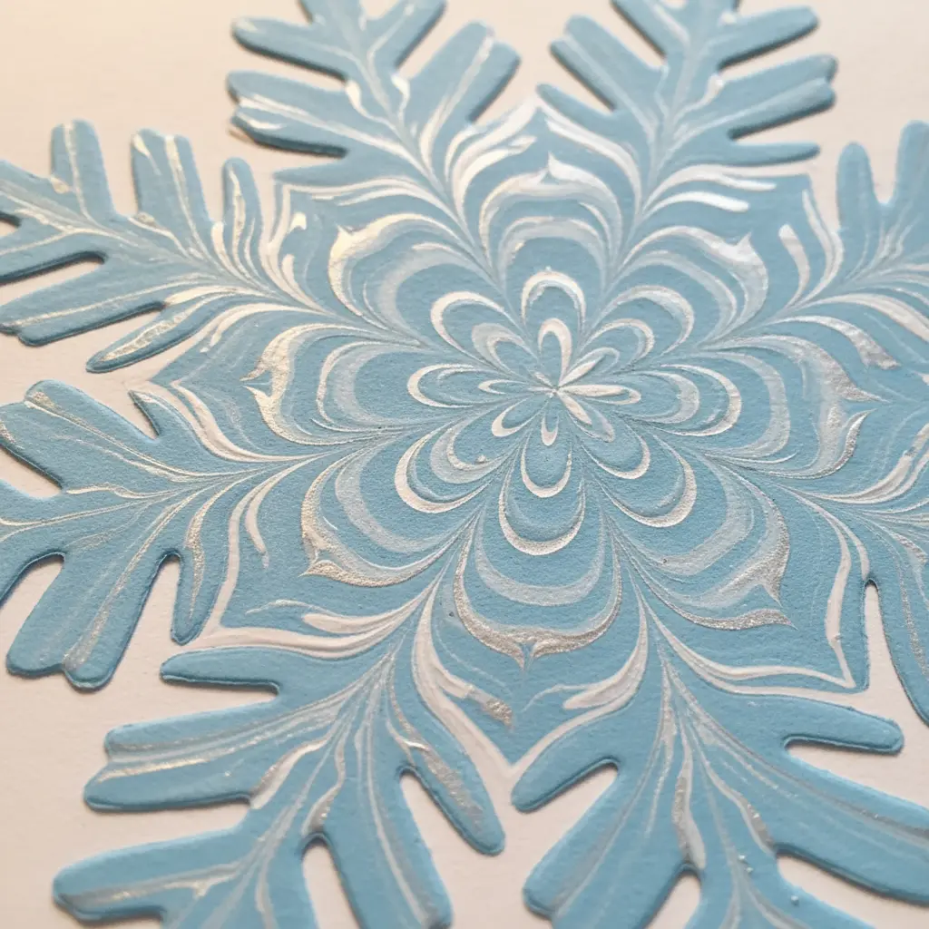 A snowflake cutout with blue, silver, and white paint trails creating a frosty marbled pattern.