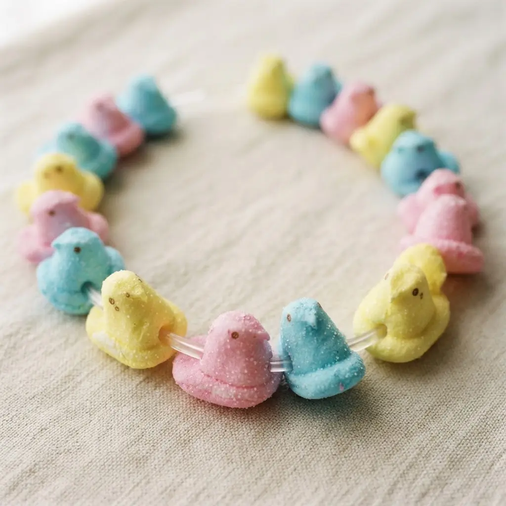 A stretchy elastic cord strung with multicolored marshmallow chicks in a rainbow pattern.