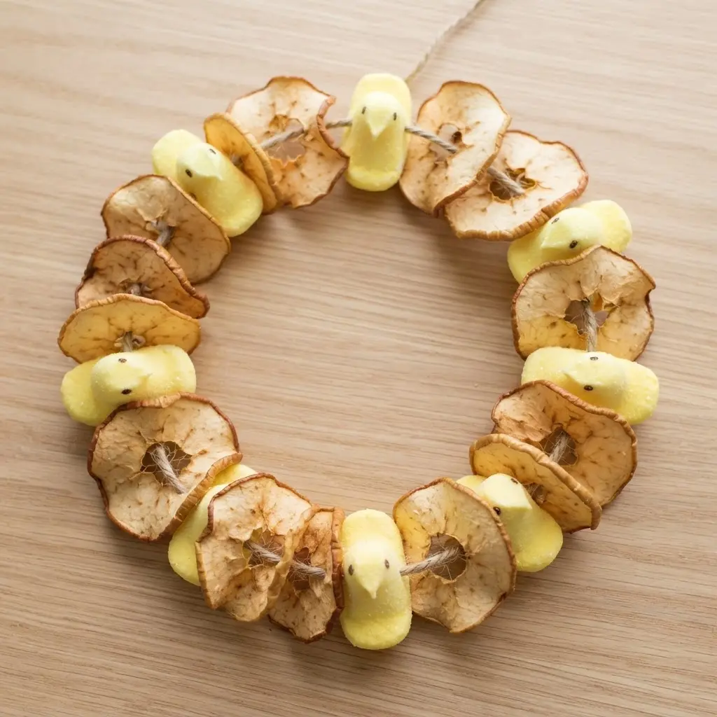 Dried apple rings and yellow marshmallow chicks threaded closely together on a short piece of twine.