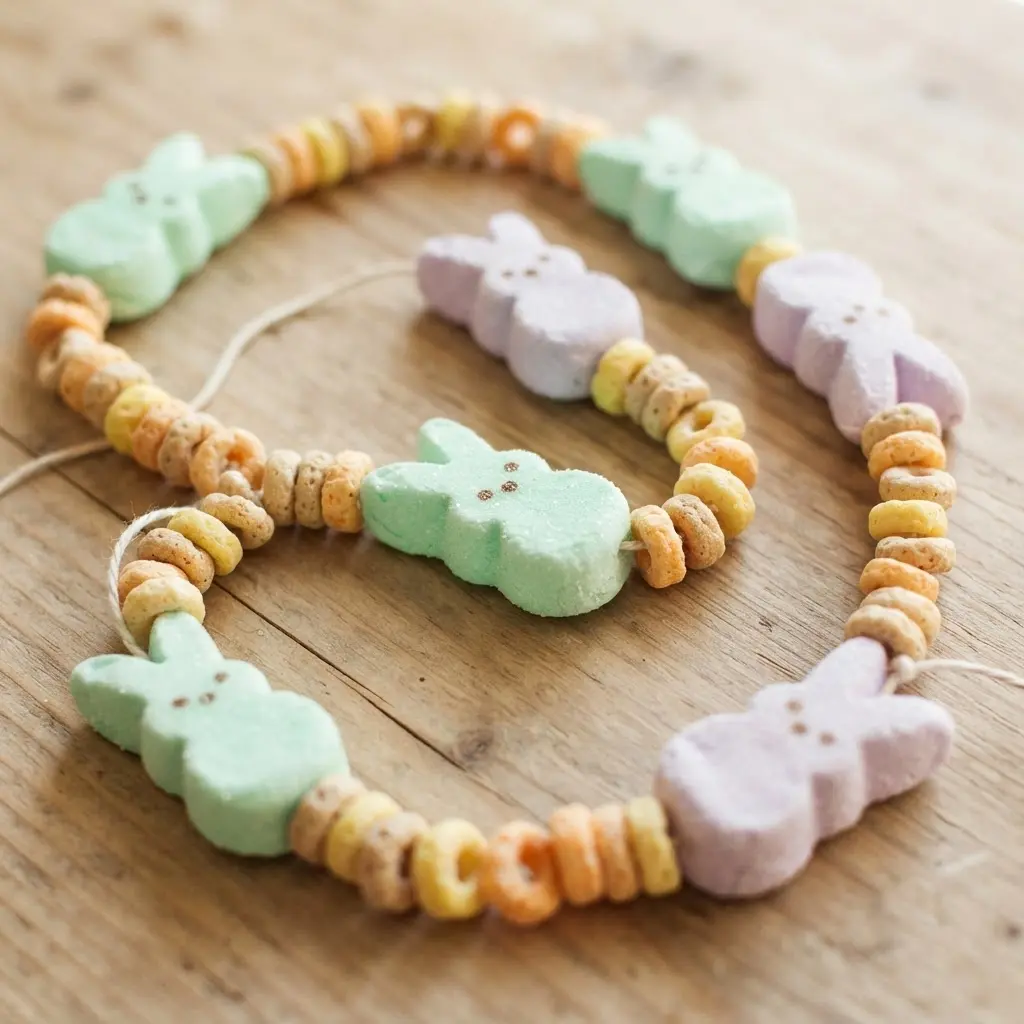 Pastel marshmallow bunnies and round fruit cereal pieces alternating on a white string.