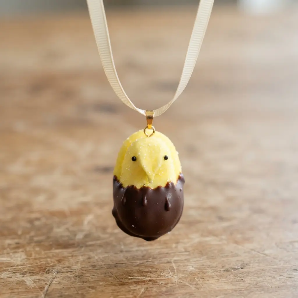 A single marshmallow chick dipped in dark chocolate, hanging as a pendant on a thin ribbon.