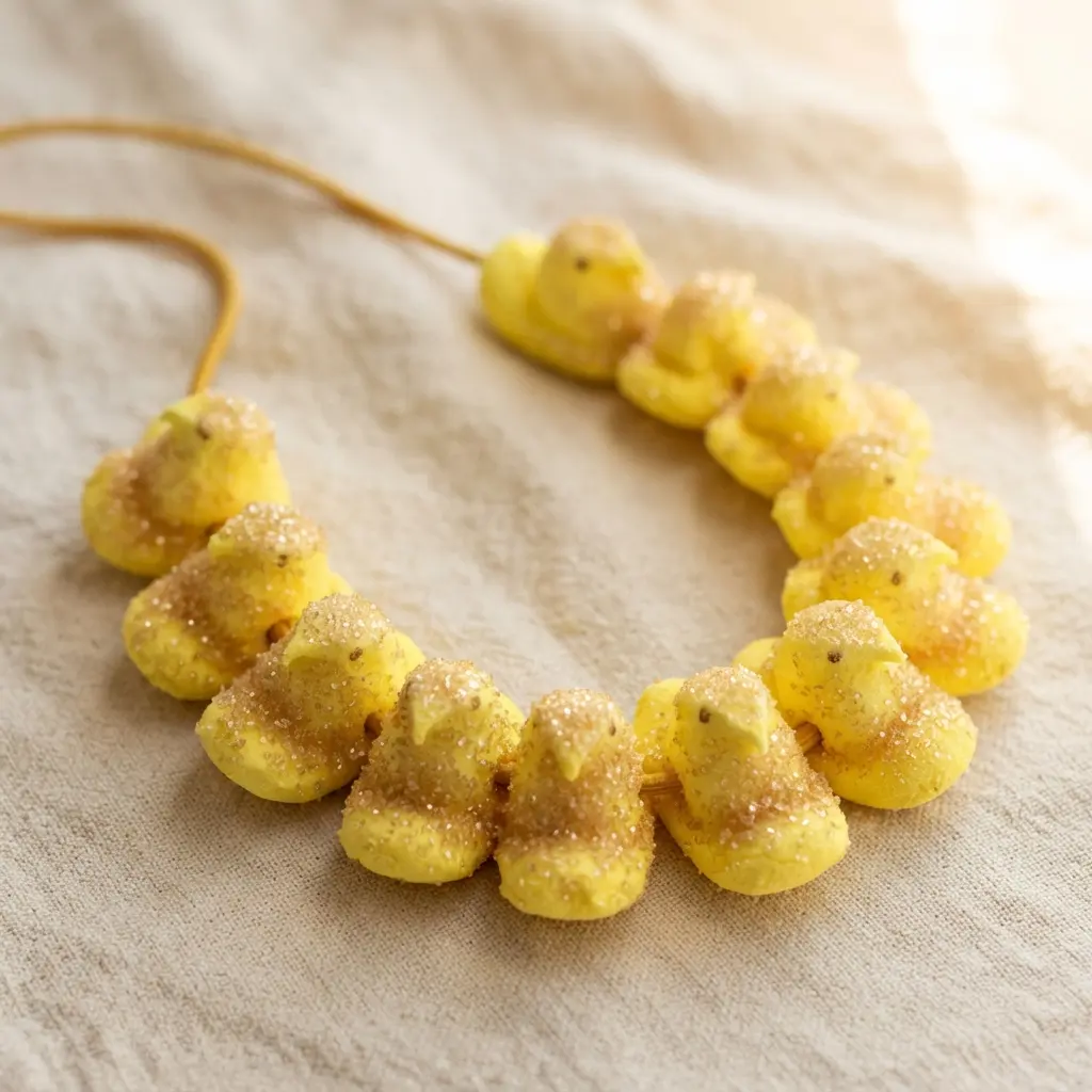 Bright yellow marshmallow chicks coated in edible glitter and strung on a matching yellow cord.