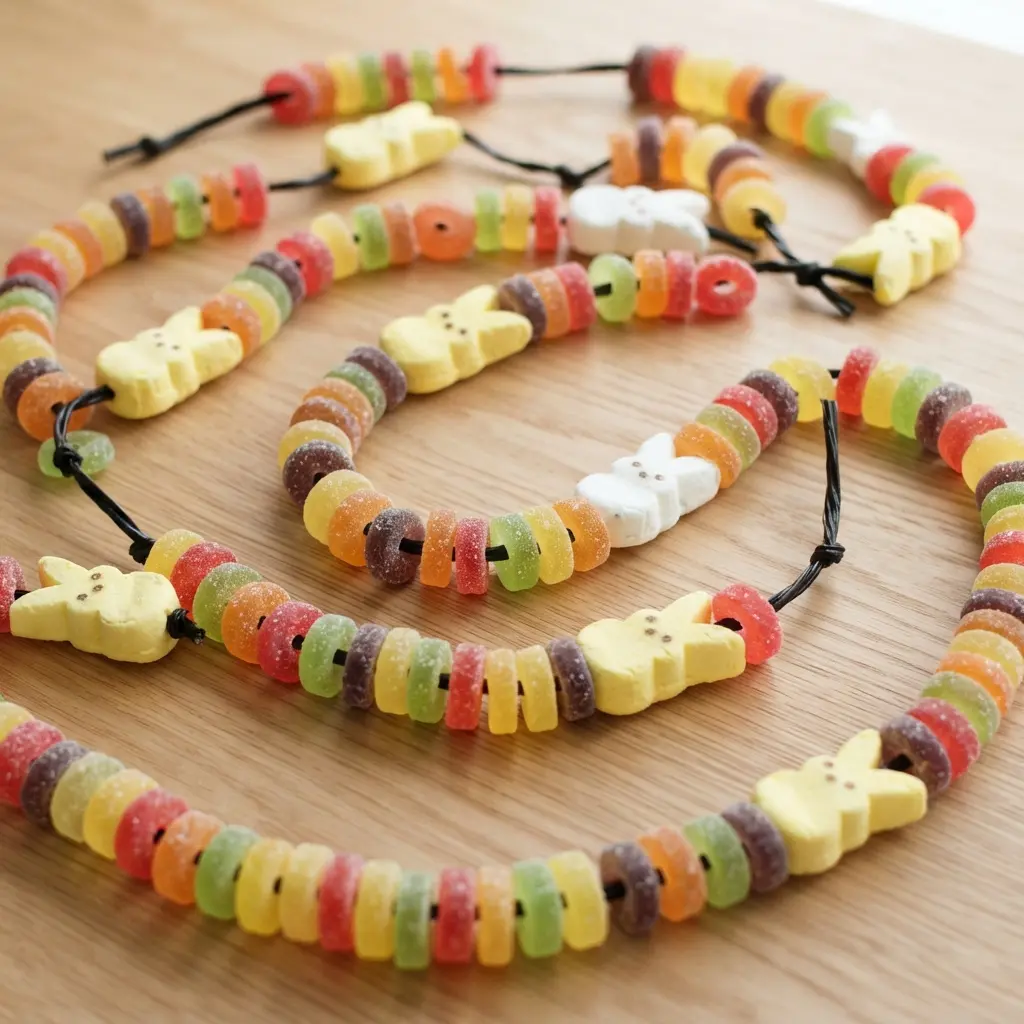 Clear gummy ring candies and marshmallow bunnies threaded onto a long piece of licorice lace.
