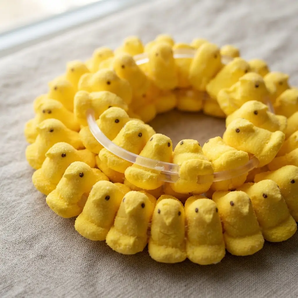 A dense strand of many bright yellow marshmallow chicks creating a thick, textured necklace.