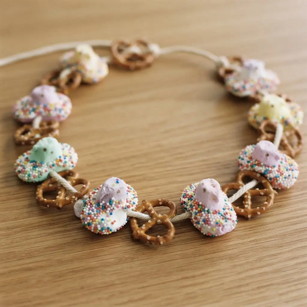 Marshmallow chicks rolled in rainbow sprinkles alternating with small pretzel twists on a string.
