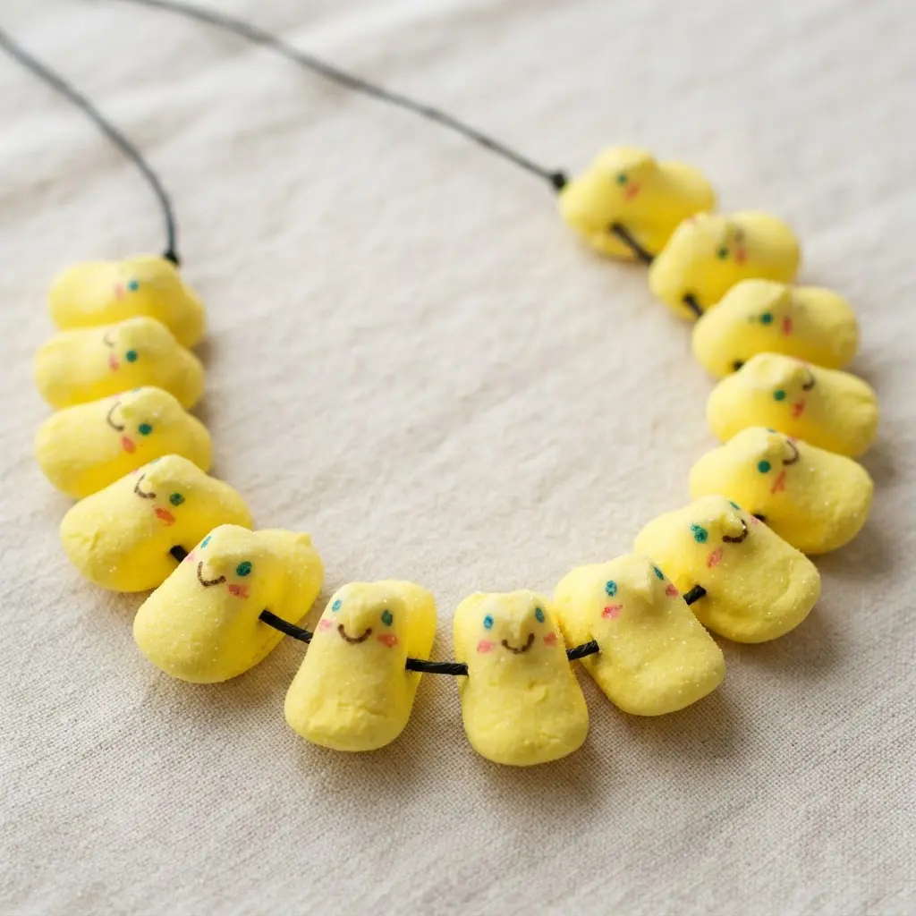 Marshmallow chicks decorated with funny faces using edible food markers, strung on a ribbon.