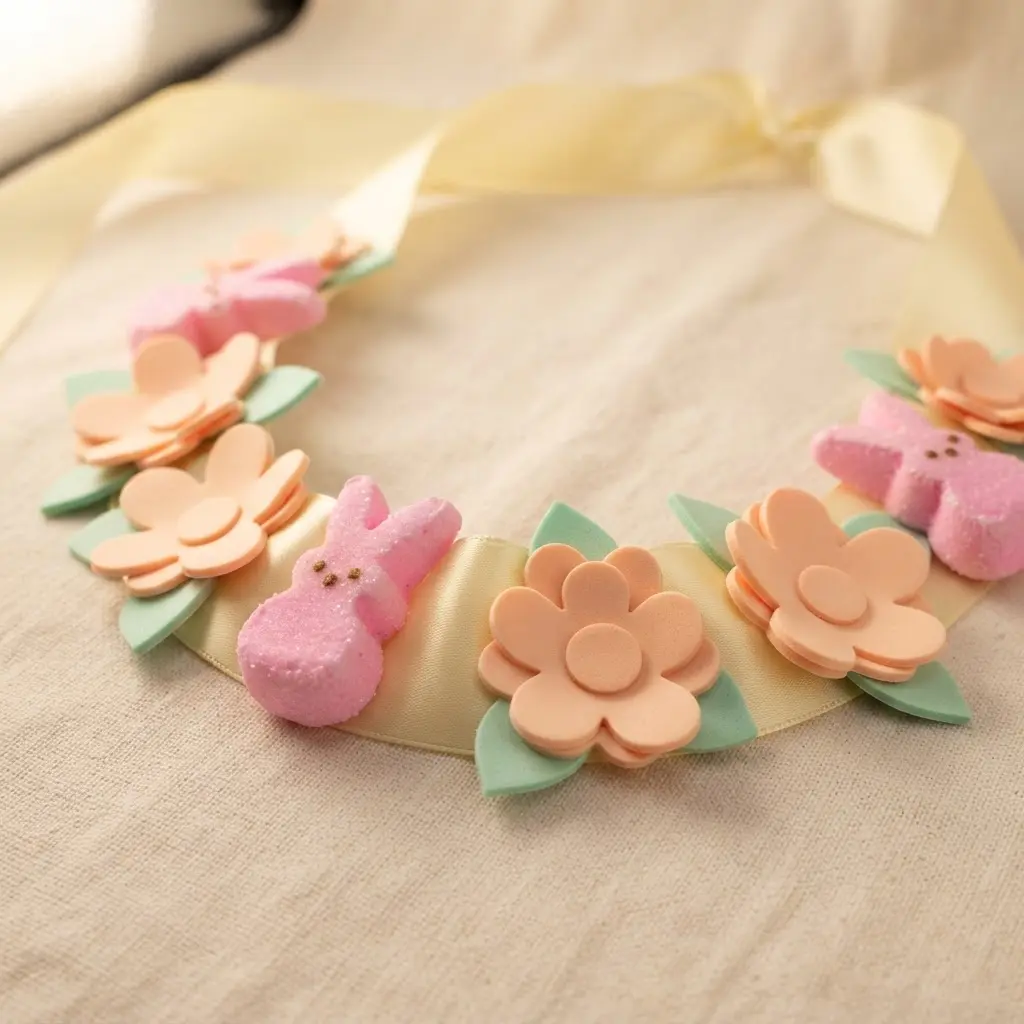 Small craft foam flowers in pastel colors interspersed with pink marshmallow bunnies on a wide ribbon.