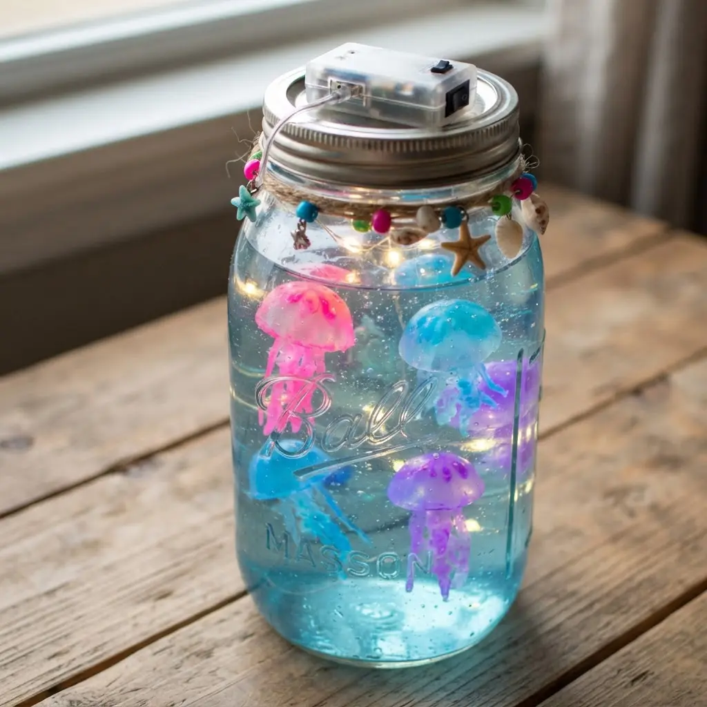 A clear mason jar filled with blue-tinted water containing several translucent neon-colored resin jellyfish figures.