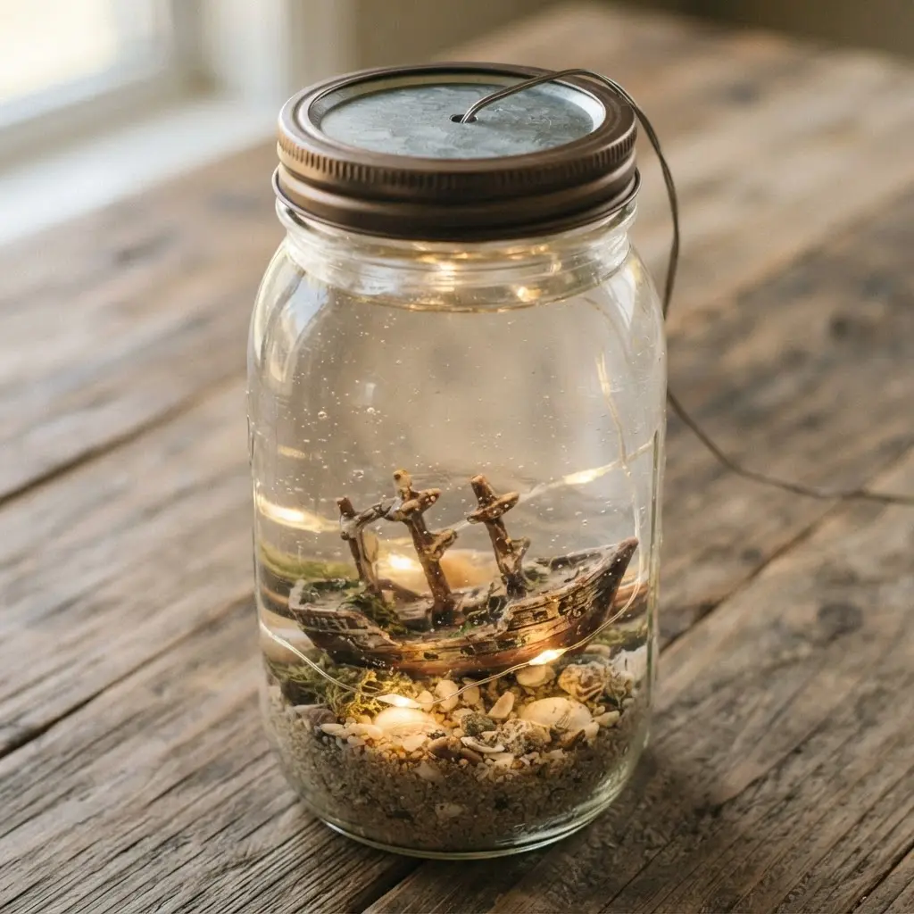 A mason jar lamp featuring a miniature plastic shipwreck resting on sand, lit by a submerged LED.
