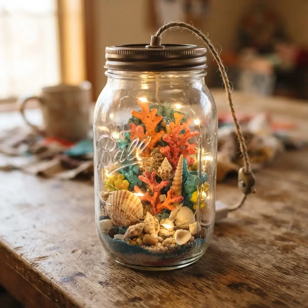 A mason jar lamp showcasing a miniature coral reef made from painted synthetic coral pieces and natural shells.