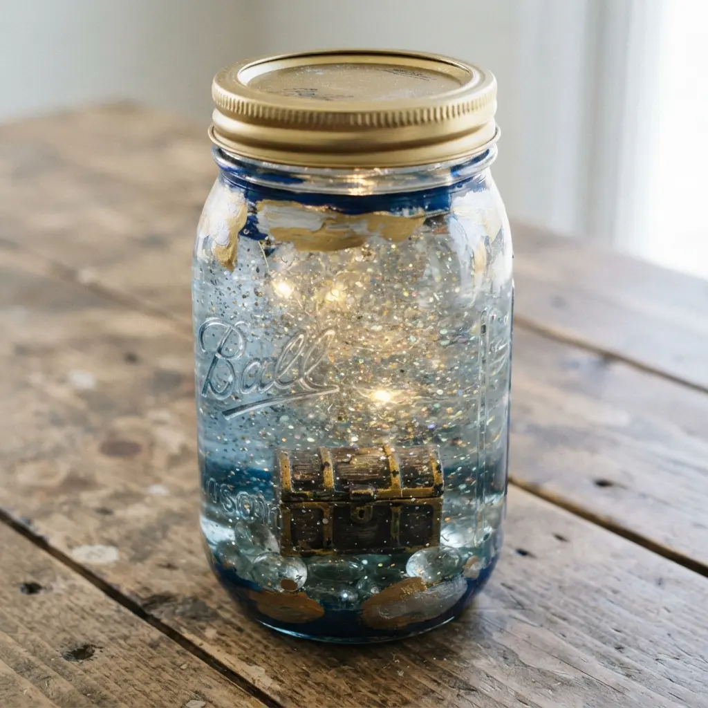 A mason jar containing a small plastic treasure chest surrounded by swirling gold and silver glitter in glycerin.