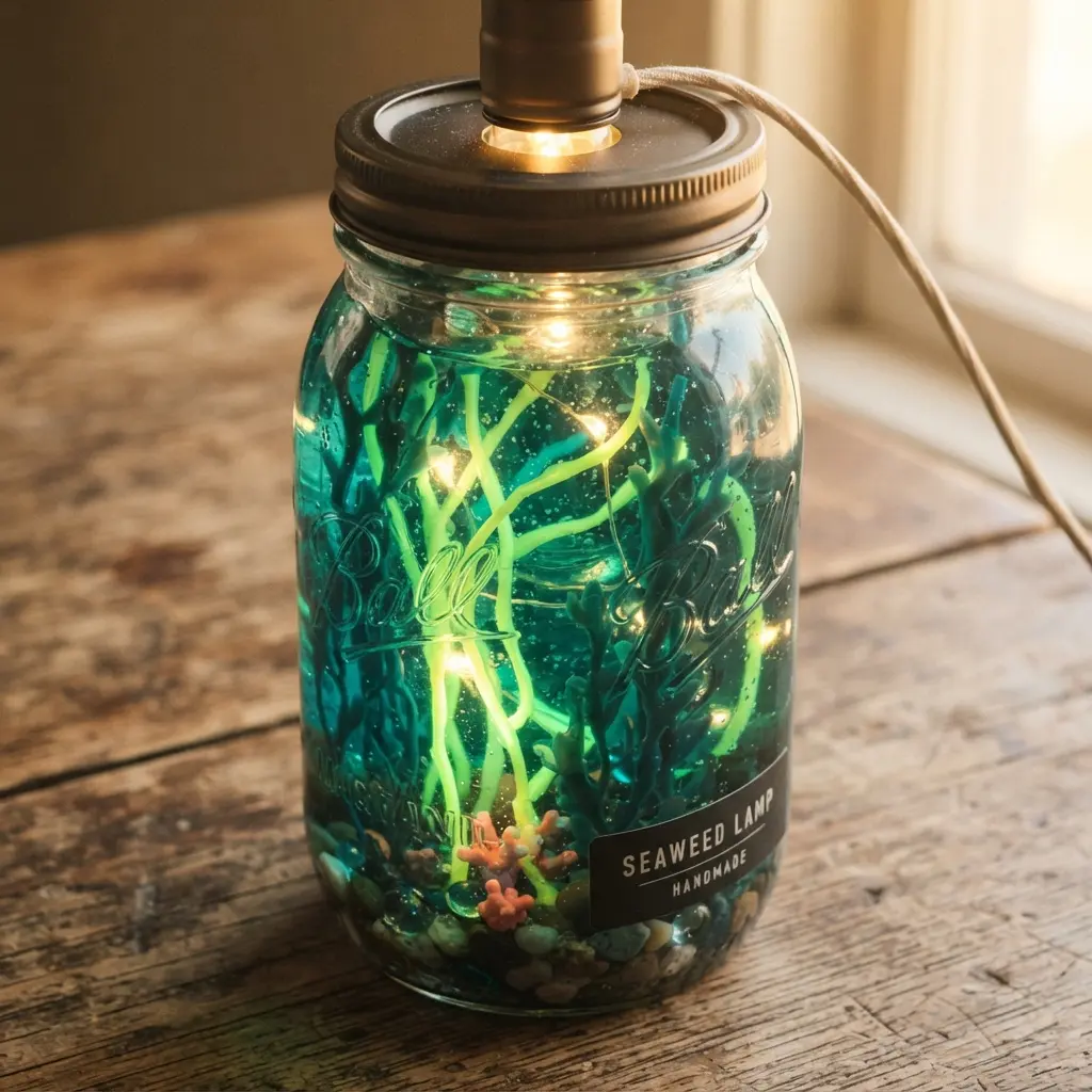 A dark mason jar lamp featuring thin, glowing green plastic seaweed strands illuminated from within.