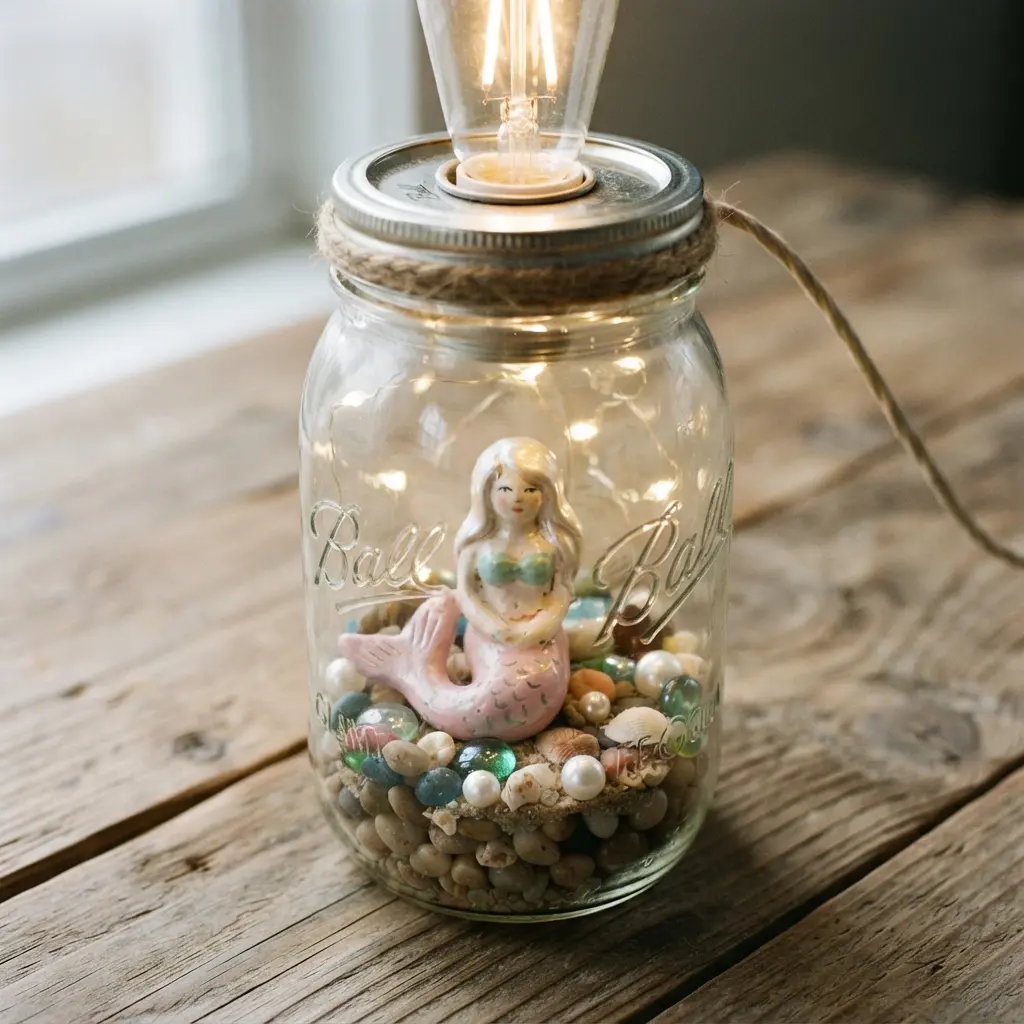 A mason jar lamp with a small ceramic mermaid sitting among pebbles and faux pearls.