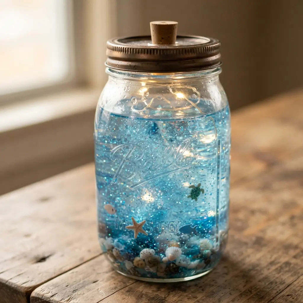 A mason jar filled with clear liquid and blue micro-glitter creating a gentle rippling light effect.