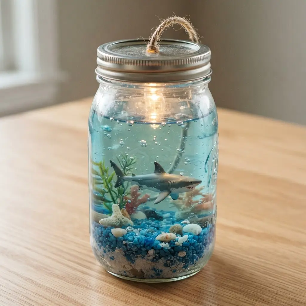 A mason jar lamp with a plastic shark figurine swimming above a base of blue gravel.