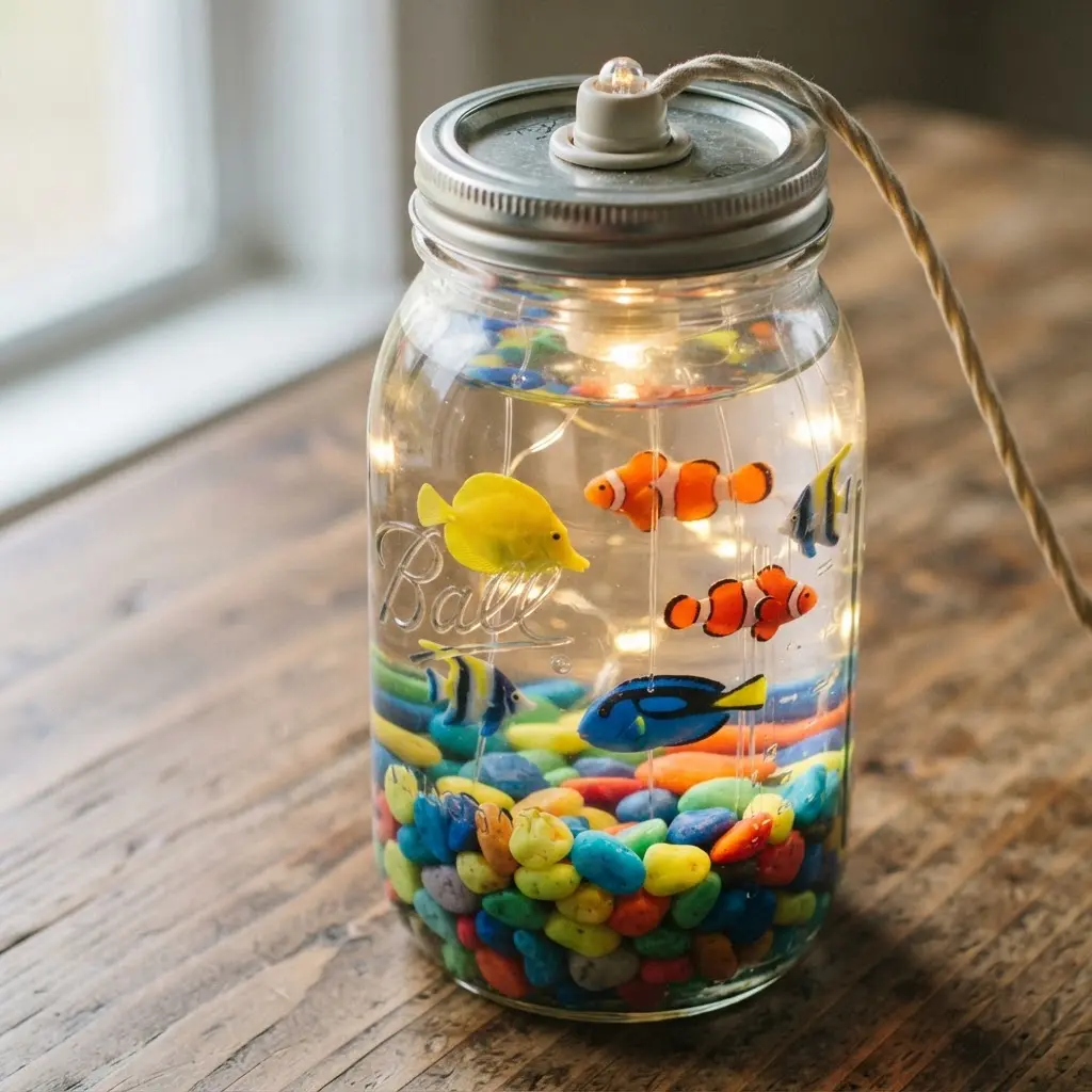 A mason jar containing colorful plastic tropical fish suspended among smooth, multicolored aquarium pebbles.
