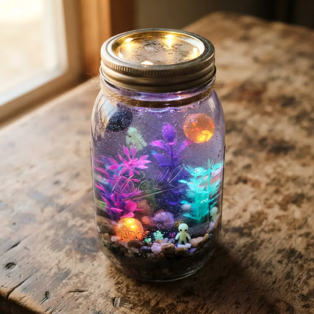 A mason jar lamp with purple and blue water, containing strange plastic alien plants and glowing orbs.