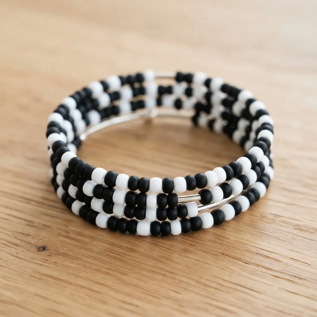 A high-contrast memory wire bracelet with a clean stripe pattern created by alternating black and white round beads.