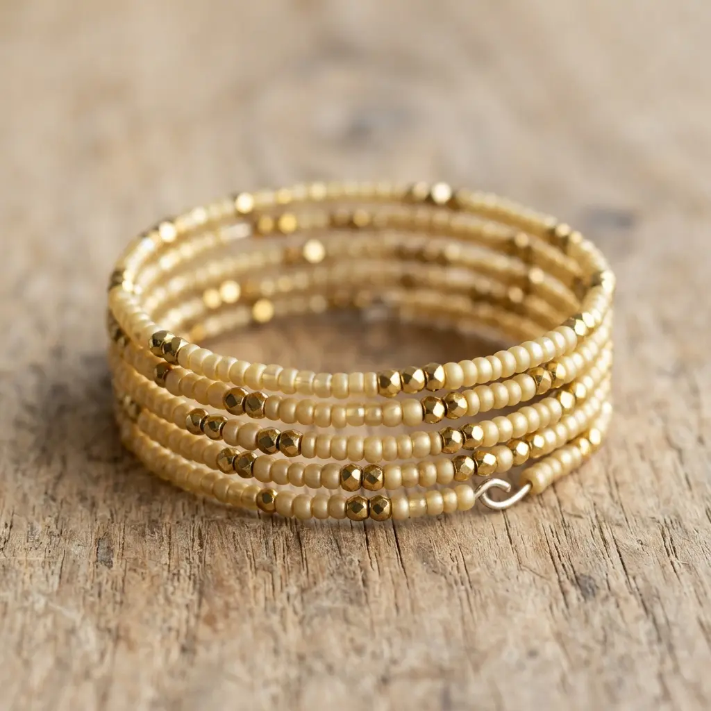 A shiny gold memory wire bracelet with small metal spacer beads separating sections of delicate gold seed beads.