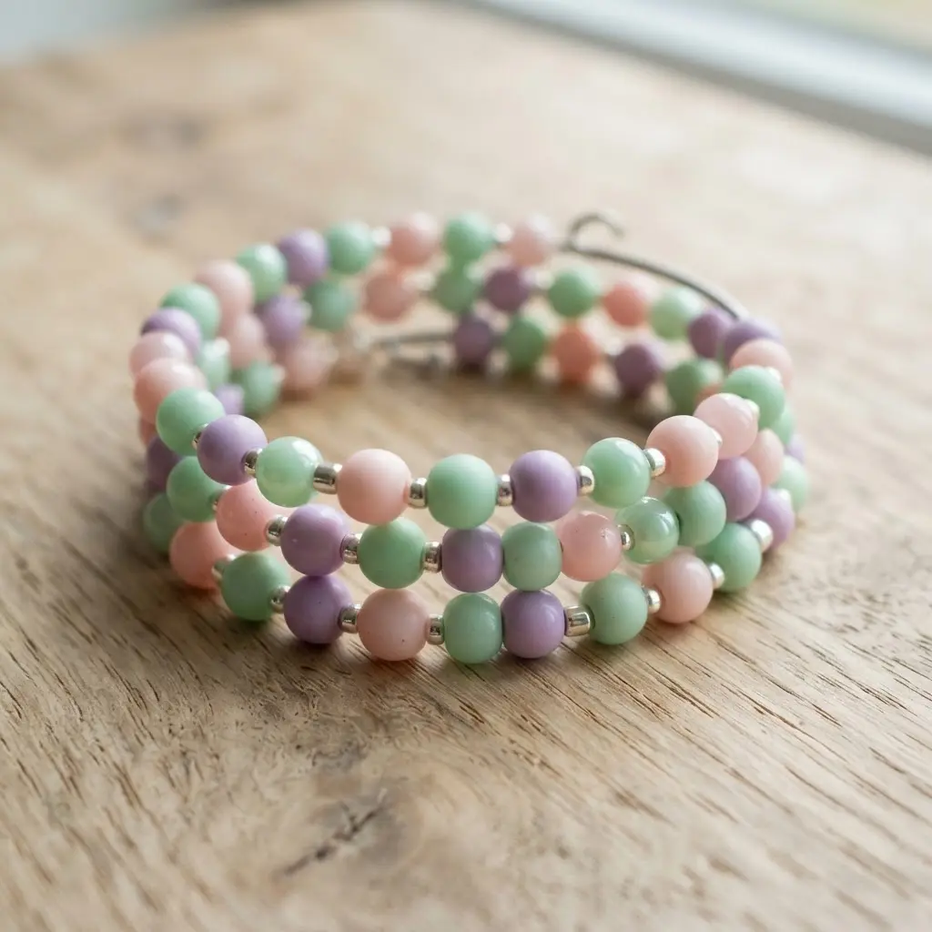 A light and cheerful bracelet made with memory wire and opaque round beads in blush pink, mint, and lavender.