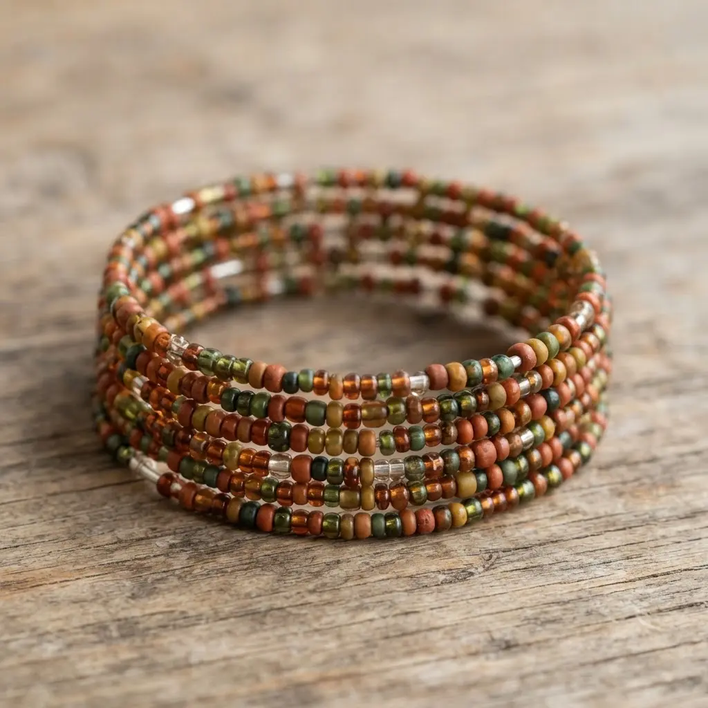 A richly textured memory wire coil bracelet woven with small seed beads in terracotta, moss green, and ochre.