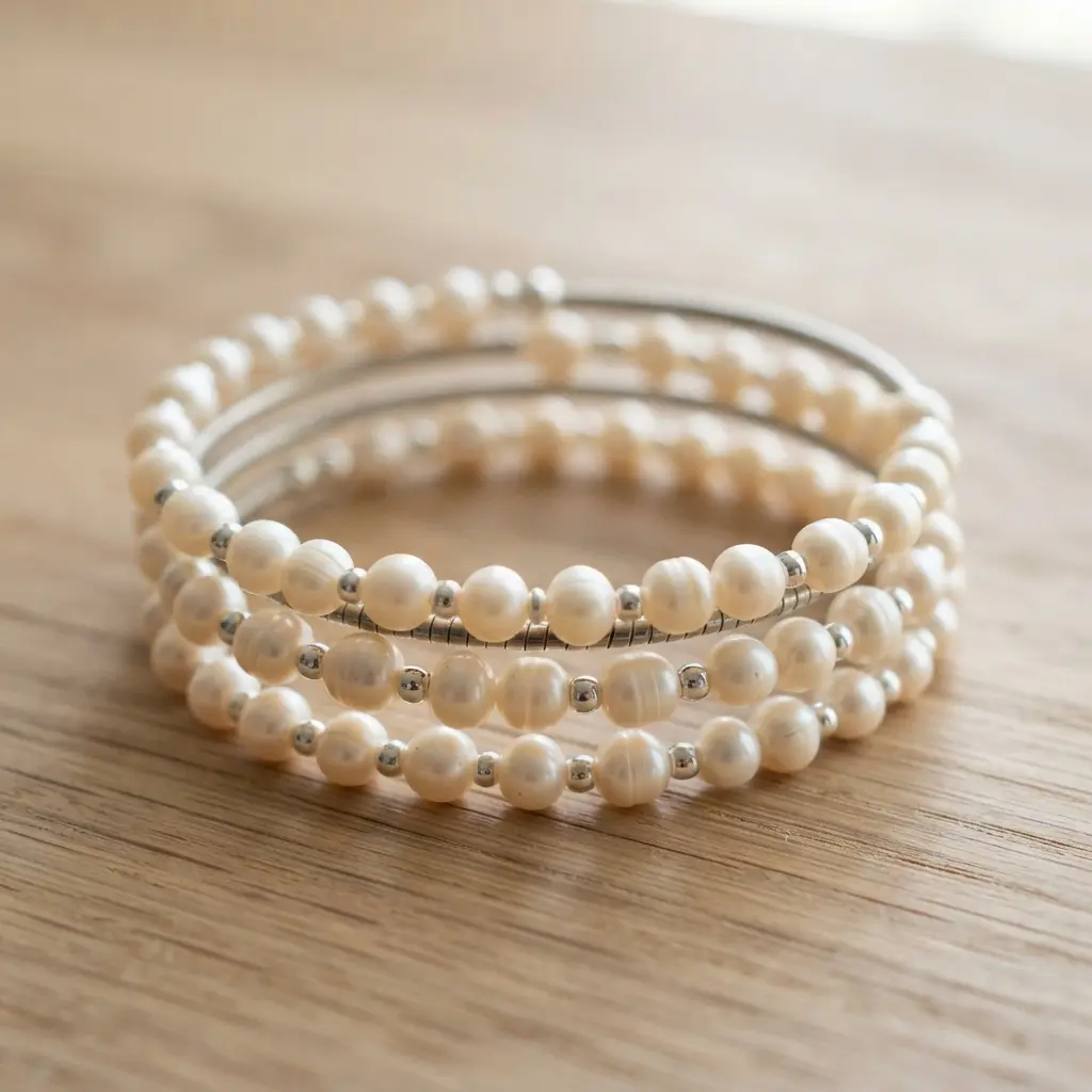 An elegant memory wire bracelet featuring round freshwater pearls separated by small silver metal spacer beads.