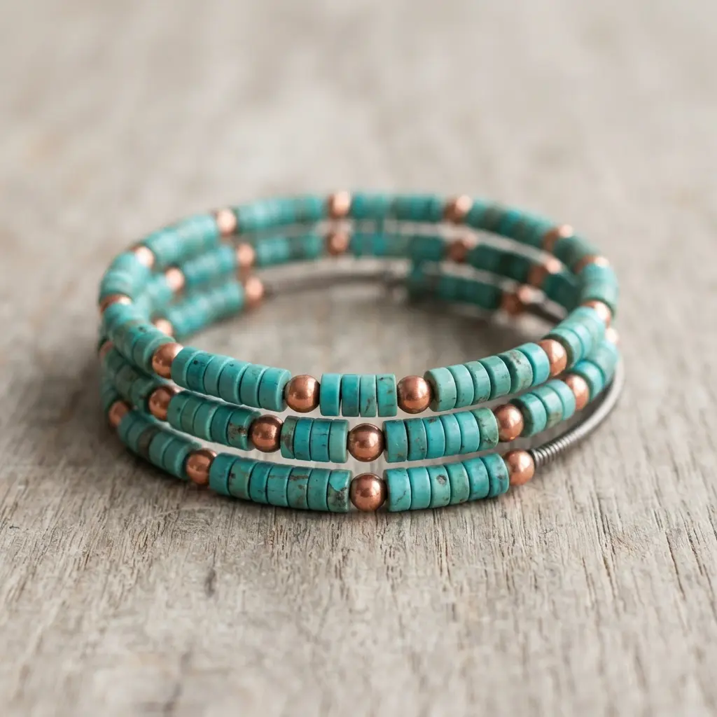 A memory wire bracelet with flat, disc-shaped turquoise heishi beads alternating with warm copper round beads.