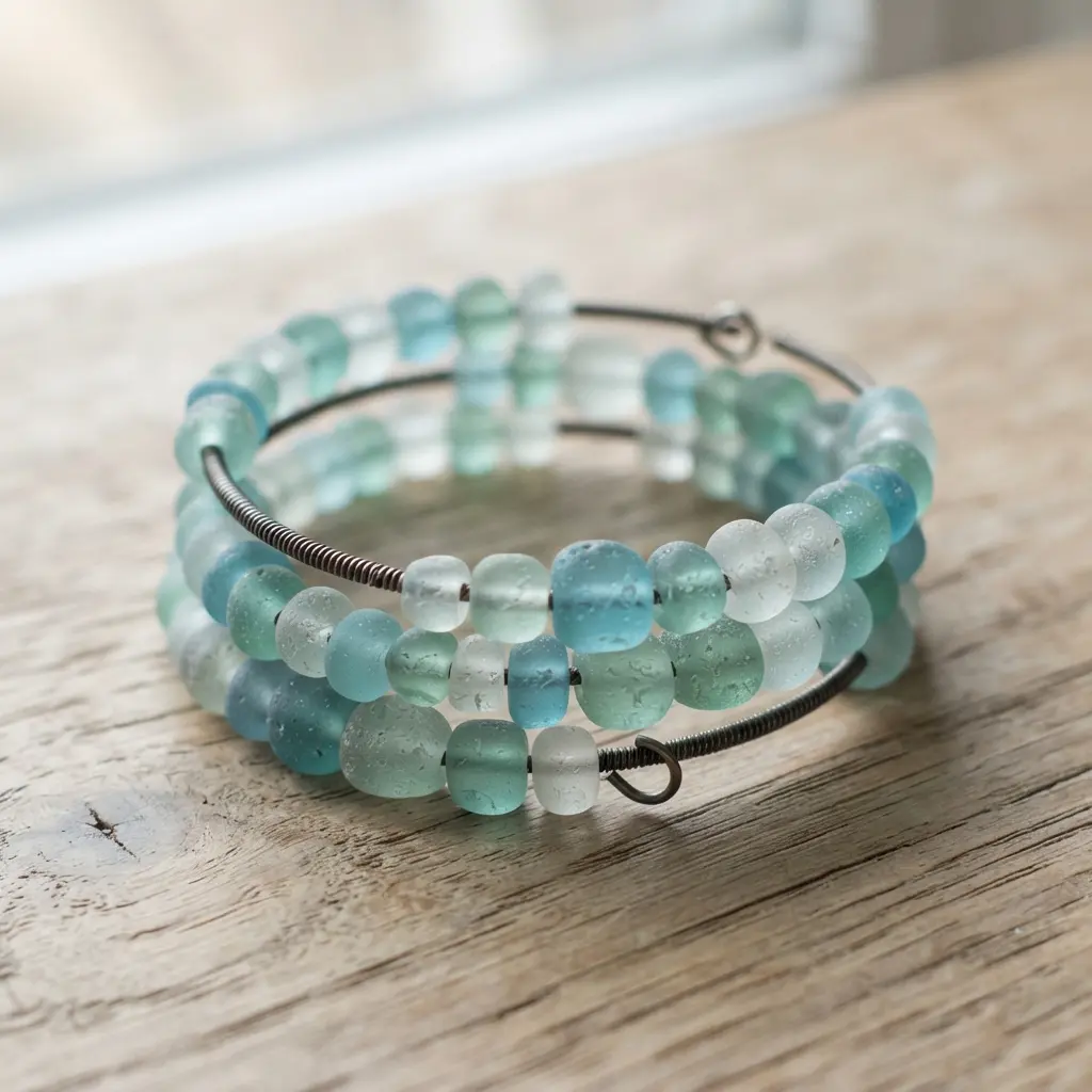 A relaxed memory wire bracelet strung with irregularly shaped frosted sea glass beads in aqua and seafoam green.