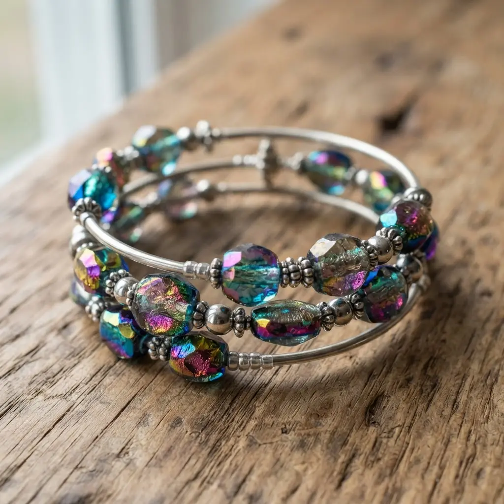 A memory wire bracelet with several large dichroic glass beads that show shifting colors, separated by smaller silver beads.