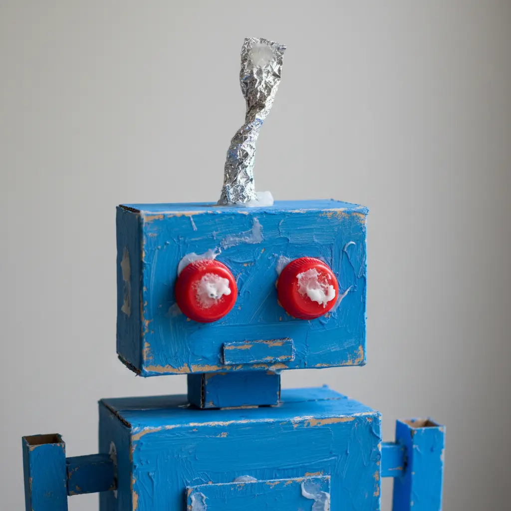 A colorful cardboard robot art piece with bottlecap eyes, glued buttons, and a foil antenna.