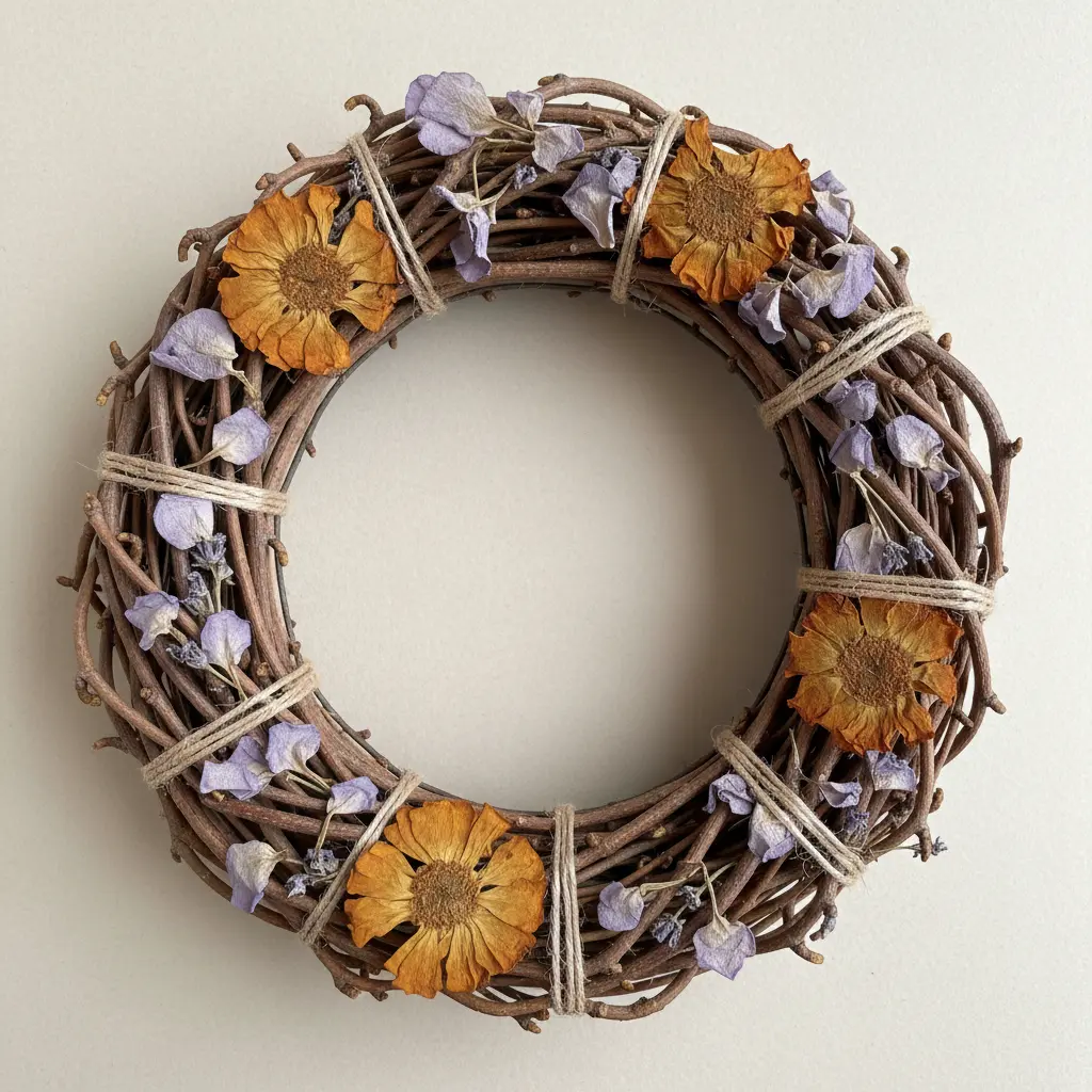 A circular wreath made from small twigs and colorful dried flower blossoms glued on a ring base.