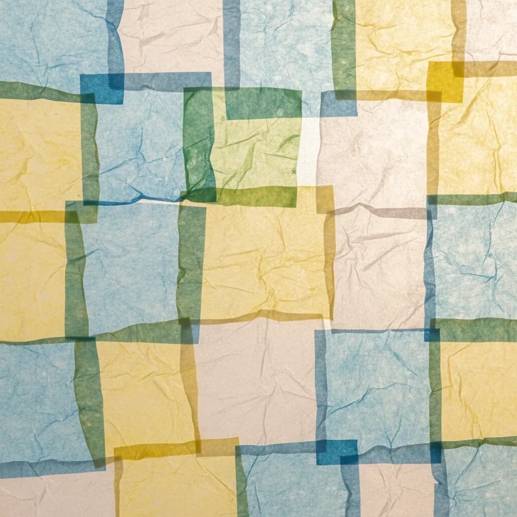 A translucent window art piece made from layered tissue paper pieces glued on clear contact paper.
