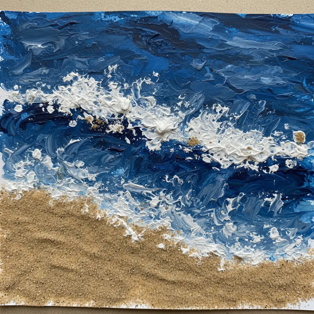 A beach seascape painting with real sand mixed into tempera paint for a gritty shoreline texture.