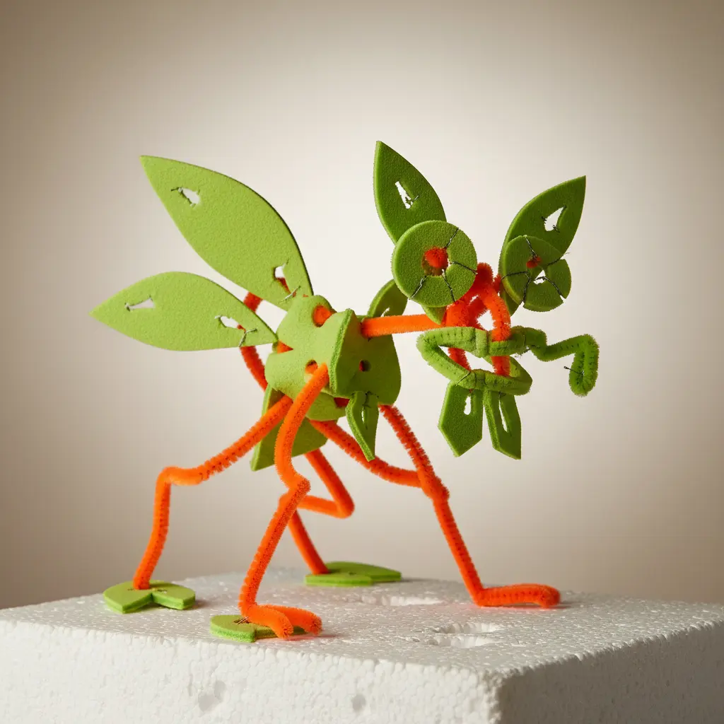 A 3D animal sculpture constructed from bent pipe cleaners and colorful foam ball pieces.