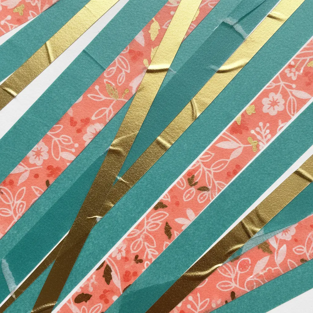 An abstract geometric pattern made from overlapping strips of colorful washi tape on white paper.