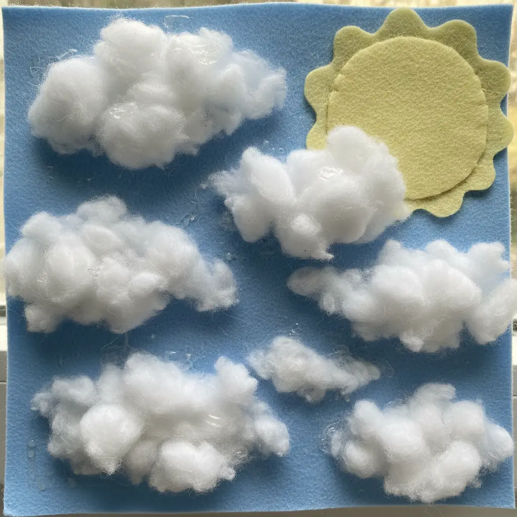 A soft cloudscape picture with fluffy cotton balls glued on blue felt, framed by paper.
